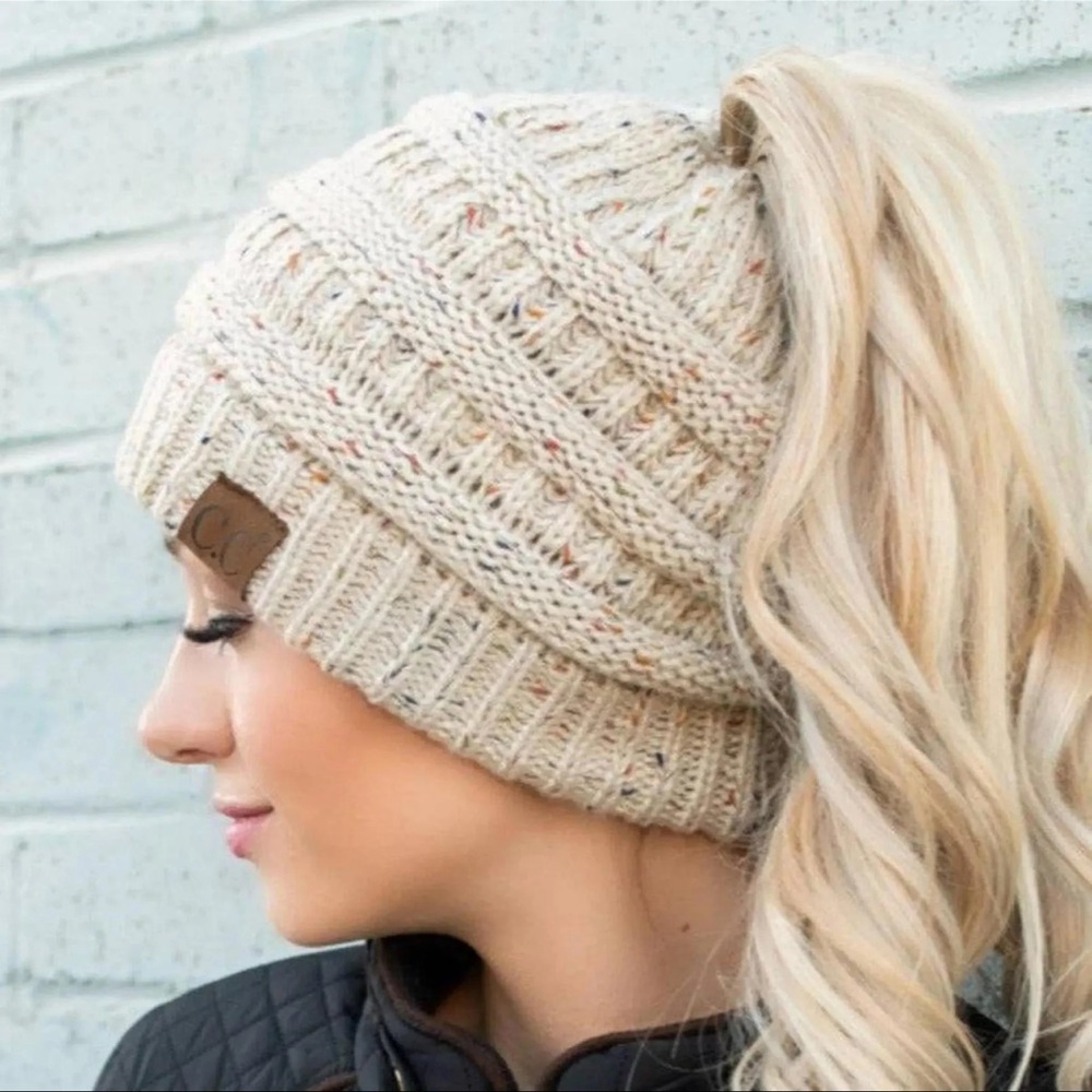 C.C Ivory Beanie w/ Ponytail Cutout